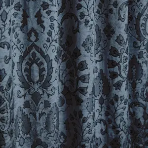 Trinity Velvet Ornamental Floral Pair of Blue Pencil Pleat Curtains