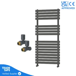 Designer Delta Anthracite Flat Panel Towel Radiator Heated Ladder Rail - 1106 x 500mm - Straight Manual Round Valve Pair