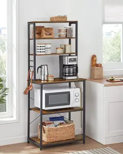 VASAGLE Culinary Organizer, Coffee Corner, Baking Station, 6 Shelves with 6 Hooks, Sturdy Metal, Industrial, Rustic Brown & Black