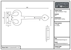 Hammer & Tongs - Arrowhead T-Hinge - W400mm - Black