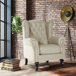 Faux Leather Balmoral Wing Back Chair with Buttons Cream