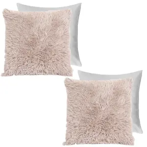 Sienna Fluffy 2 x Cushion Covers Filled Soft Shaggy, 18"x 18" - Natural Brown