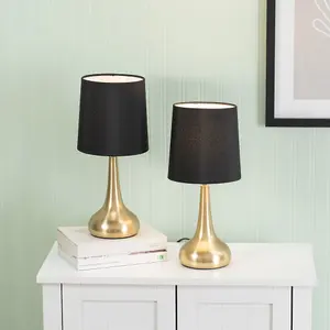 Pair - Brushed Gold Teardrop Touch Dimmer Table Lamps with Black Shade Bedside Light