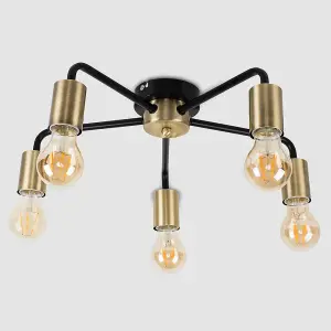 ValueLights Connell Industrial Style Antique Brass and Matt Black 5 Way Ceiling Light Fitting