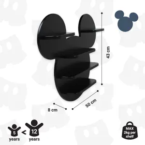 Disney Classic Mickey Mouse Small Wall Shelf, Wall Mounted Kids' Bookshelf and Storage Shelf - Black