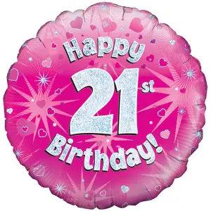 Oaktree 18 Inch Happy 21st Birthday Pink Holographic Balloon Pink/Silver (One Size)