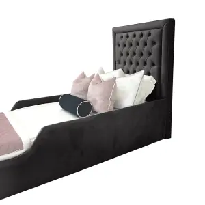 Royal Kids Bed Gaslift Ottoman Plush Velvet with Safety Siderails- Black