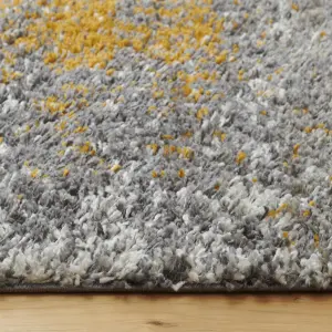 Yellow Ochre Grey Distressed Abstract Scandi Shaggy Living Area Rug 110x160cm