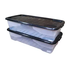 2 x 42L Clear Under Bed Storage Box with Black Lid, Stackable and Nestable Design Storage Solution