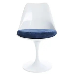 Tulip Set - White Medium Circular Table and Two Chairs with Luxurious Cushion Dark Blue