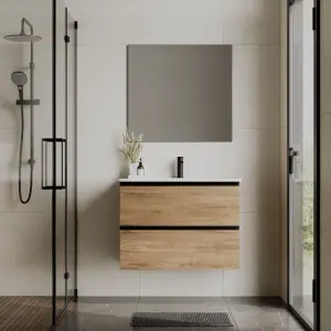 Banyetti Akiro 800mm Wall Hung Basin Unit with Matt Black Handles - Walnut