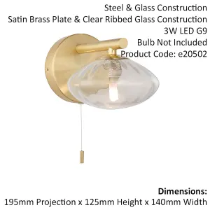 Satin Brass Bathroom Wall Light & Ribbed Glass Shade - IP44 Rated Modern Sconce