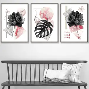 Set of 3 Abstract Pink and Black Botanical Wall Art Prints / 30x42cm (A3) / Black Frame