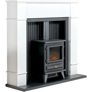 Adam Oxford Stove Fireplace in Pure White with Hudson Electric Stove in Black, 48 Inch