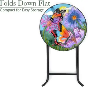 Folding Glass Table Garden Outdoor Patio Decoration Painted Round Top Christow Butterfly