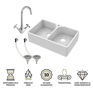 Double Bowl Fireclay Belfast Sink with Tap Hole & Full Wier, with Basket Strainer Waste & Mono Kitchen Sink Mixer Tap - Balterley