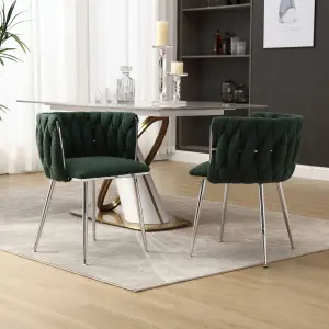 Set of 2 Modern Hand Weaving Dining Chairs Upholstered Side Chairs Kitchen Chairs with Armrest for Dining Room Green