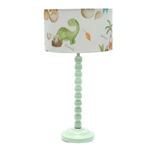 Sage Green Bobbin Stem Table Lamp with Dino Drum Shade for Living Room Bedroom