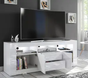 Furneo White TV Stand 160cm Unit Cabinet Matt & High Gloss Clifton18 White LED Lights