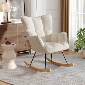 Rocking Armchair Tufted Upholstered Rocker Chair Recliner Sofa Chair, Cream