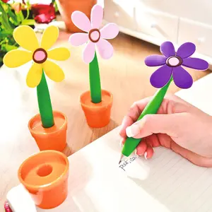 3 x Flower Shaped Pens with Pot Stands - Novelty Home Office Desktop Accessories in Pink, Yellow & Purple - 18 x 7.5 x 3.5cm