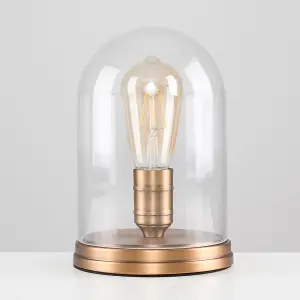 ValueLights Aged Brass Effect Metal Base and Clear Glass Dome Table Lamp With LED Amber Tinted Squirrel Cage Light Bulb