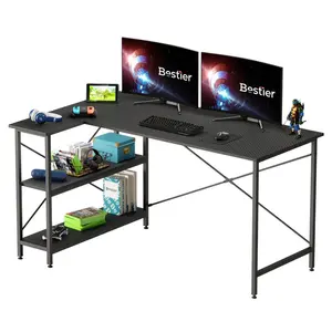 L-Shaped Desk (120 or 140cm x 90cm) Corner Desk with Adjustable Shelves by Aliff Black Carbon Fibre / 74cm H x 140cm W x 90cm D