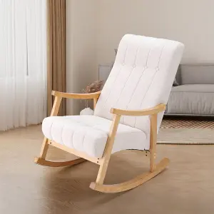 Upholstered Rocking Chair with Velvet Padded Seat Comfortable Rubberwood and High Back Armchair Beige for Living Room