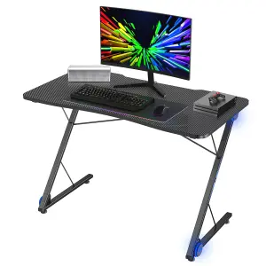 Costway Z-Shaped Computer Desk w/ LED Lights & Large Carbon Fiber Surface Home Office