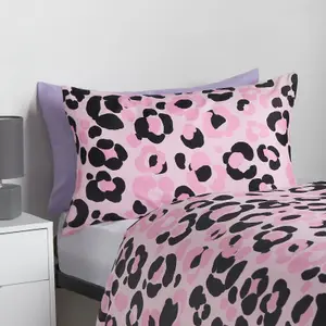 Leopard Reversible Duvet Cover Set Quilt Pillowcases Bedding, Pink - Double