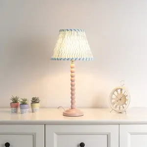 ValueLights Bobbles Rose Pink Bobbin Table Lamp with Green Arrow Pleated Shade - LED Bulb Included