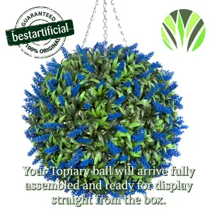 Best Artificial 28cm Blue Lush Lavender Hanging Basket Flower Topiary Ball - Suitable for Outdoor Use - Weather & Fade Resistant