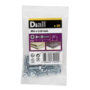 Diall M4 Cruciform Philips Pan head Zinc-plated Carbon steel Machine screw & nut (Dia)4mm (L)16mm, Pack of 20