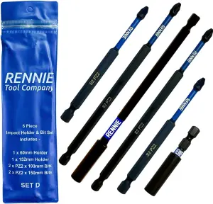 Rennie Tools 6 Piece Extra Long PZ2 Magnetic Impact Screwdriver Bits Set With Impact Bit Holders. 2 PZ2 x 100mm & 150mm