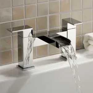 Nes Home Ozone Modern Set Of Waterfall Basin Mono Mixer Tap & Bridge Deck Mounted Bath Filler Tap + Waste