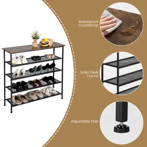 Costway 5-Tier Shoe Rack Industrial Shoe Organizer w/ Wooden Top Flat Mesh Shelves