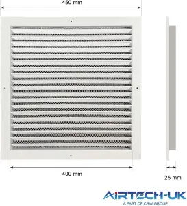 AirTech-UK HVAC Fixed Louvre Exterior Grille 400 x 400mm Air Vent Aluminum Grille for Walls and Crawl Space Bird Mesh Weatherproof