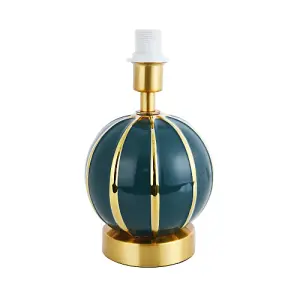 Classic Dark Teal Gloss Ceramic Spherical Table Lamp with Polished Gold Stripes