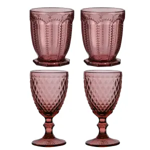 Set of 4 Vintage Luxury Purple Embossed Drinking Short Tumbler & Wine Goblets 270ml