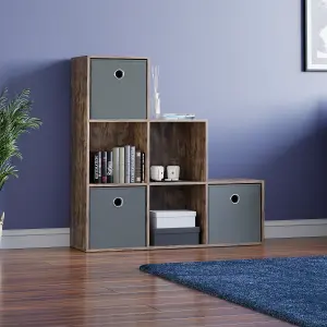 Vida Designs Durham Dark Wood 6 Cube Staircase Storage Unit & Set of 3 Grey Foldable Cube Storage Baskets