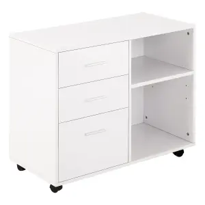 HOMCOM Freestanding Storage Cabinet w/ 3 Drawers 2 Shelves 4 Wheels Office White