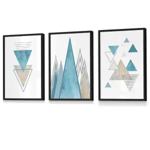 Set of 3 Mid Century Aqua Blue Abstract Geometric Wall Art Prints / 30x42cm (A3) / Black Frame