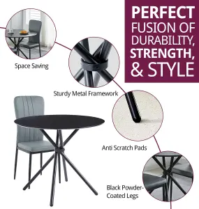 Hallowood Furniture Cullompton Small Black Round Dining Table 90cm with 2 Light Grey Faux Leather Chairs