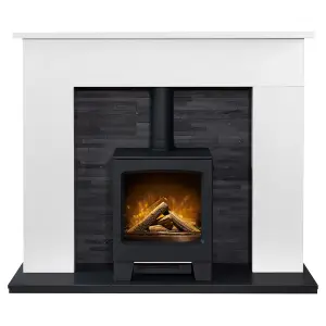 Acantha Toledo White Marble Fireplace with Lunar Electric Stove in Charcoal Grey & Downlights, 54 Inch