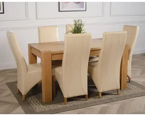 Kuba 150 x 85 cm Chunky Medium Oak Dining Table and 6 Chairs Dining Set with Lola Ivory Leather Chairs