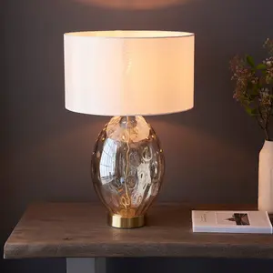 Luminosa Barletta Base & Shade Table Lamp, Champagne Lustre Glass, Satin Brass Plate With Vintage White Fabric