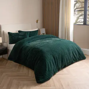 Faux Fur Ribbed Fleece Duvet Cover Bedding Set, Green - Superking