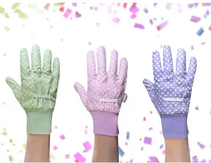 Mulch. Triple Pack Cotton Gardening Gloves Pastel Pink Green Purple Dotty Grip Palm - Medium Size 8