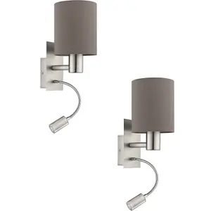 2 PACK Wall Light Satin Nickel Shade Anthracite Brown Fabric E27 40W LED 3.5W