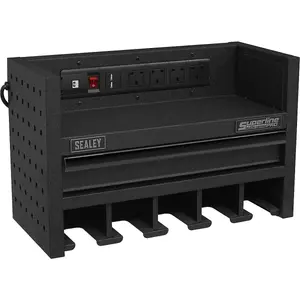 560mm Wall-Mounted Power Tool Storage Rack with Drawer and Power Strip for 5 Tools